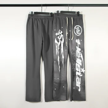23SS Винтажные черные брюки Hellstar Studios, мужские Женские винтажные брюки Hellstar, спортивные штаны для Хай-стрит, Махровые брюки-клеш
