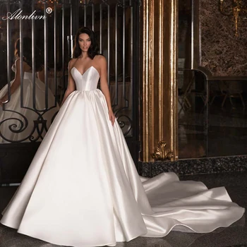 Alonlivn Изысканное атласное бальное платье с открытыми плечами, Свадебное платье со шлейфом, свадебная юбка принцессы в стиле Милой Невесты