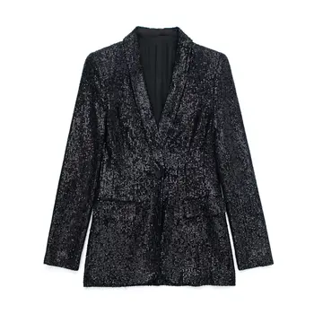 C Женская винтажная верхняя одежда с длинными рукавами и карманами с клапанами, черный блейзер для новогодней вечеринки с блестками, пальто