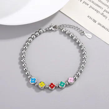 FoYuan серебристого цвета в корейском стиле, новый милый браслет из круглых бусин с резинкой в виде цветка для женщин, свежие и девичьи украшения
