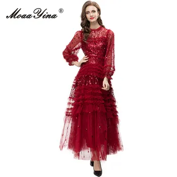 MoaaYina Летнее Модное Дизайнерское Красное Винтажное сетчатое платье Женское с круглым вырезом и длинным рукавом, с пайетками и оборками, с высокой талией, тонкое Длинное платье