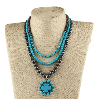 RH Модный ювелирный аксессуар в богемном стиле, 3-слойные ожерелья с жемчугом навахо CCB и синим крестом для женщин