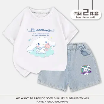 Sanrio Аниме Kawaii Cinnamoroll Комплект одежды для девочек, футболки с коротким рукавом, джинсовые шорты, Милый мультяшный детский топ с коротким рукавом, подарок