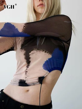 VGH Сексуальные женские футболки с вырезами, круглый вырез, длинный рукав, лоскутное шитье, шнуровка, хитовая цветная печать, прозрачная тонкая блузка, женская одежда