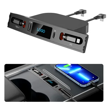 Автомобильное USB-зарядное устройство с несколькими портами на 2021 2022 2023 год, Модель 3 / Y, Многофункциональные Аксессуары с логотипом и выдвижным кабелем