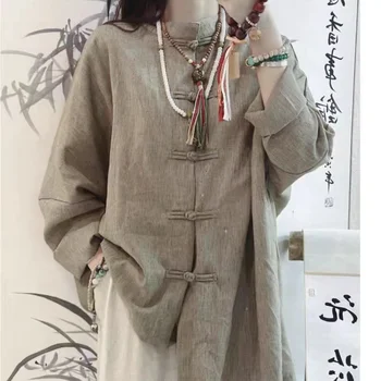 Верхнее хлопковое пальто в винтажном китайском стиле, женская одежда эпохи Тан, осень-весна, топы с воротником-мандаринкой Hanfu, костюм для чая Zen Qipao