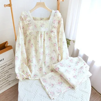 Весенне-осенняя женская ночная рубашка, пижамный комплект с длинным рукавом, Прекрасная свежая домашняя одежда из кружева с цветочным принтом, свободный хлопковый пижамный комплект