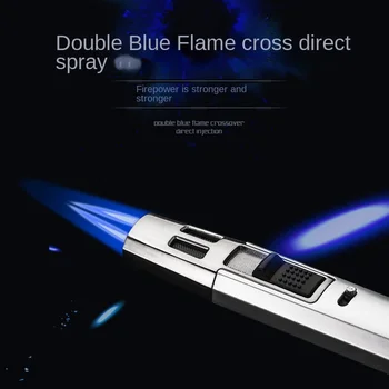 Ветрозащитная надувная зажигалка для сигар Metal Jet Blue Flame с двойным пламенем Портативная зажигалка для сигарет Аксессуары для сигарет в подарок
