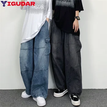 Винтажная уличная одежда Y2K, мешковатые джинсы-карго, прямые широкие брюки с высокой талией, Модные Свободные джинсовые брюки, Новые выстиранные джинсы