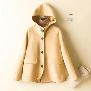 Двустороннее кашемировое шерстяное пальто с капюшоном, женские короткие пальто из чистой шерсти, маленькая осенне-зимняя верхняя одежда, топ с длинным рукавом, женский топ
