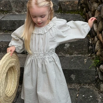 Детское платье 2023, осеннее новое полосатое платье для девочек, Детская хлопчатобумажная повседневная одежда