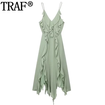 Длинное платье с оборками от TRAF, женское зеленое платье-комбинация без рукавов, женские макси-платья с открытой спиной, женские асимметричные летние платья