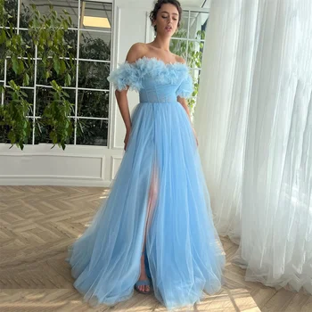 Длинные синие платья для выпускного вечера 2024 года, тюлевые платья для вечеринок с 3D цветами, длина до пола, с открытыми плечами, с разрезом сбоку, женская мода Formatura