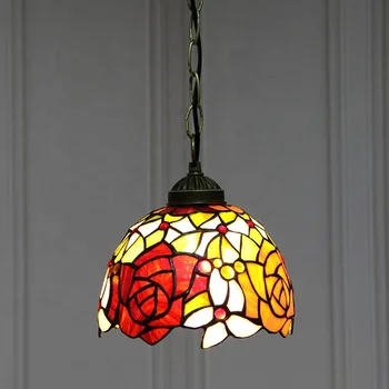 Длинный 8-дюймовый Подвесной светильник с розами из витражного стекла в стиле Тиффани с регулируемой длиной подвесной цепи