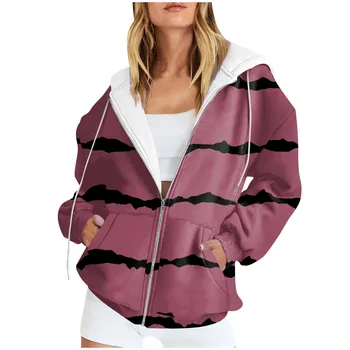 Женская модная повседневная куртка-свитер с длинными рукавами и полосатым принтом, капюшоном и молнией, подходящая для осенне-зимнего утепленного пальто