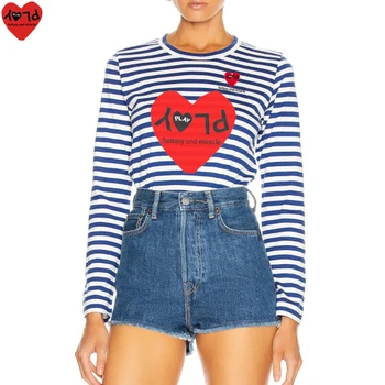Женская футболка в полоску с буквенным принтом в виде сердца, хлопковая двухцветная футболка в полоску с круглым вырезом и длинным рукавом, весна-осень, приталенная футболка