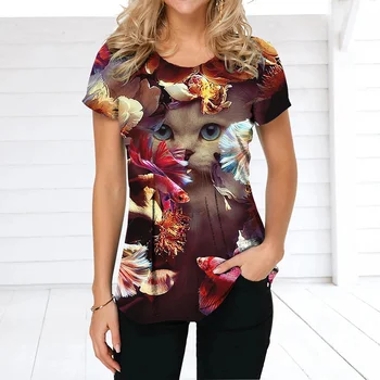 Женская футболка с принтом кота, футболка в стиле харадзюку, повседневная блузка, О-образный воротник, аниме с цветочным рисунком, свободный пуловер, женская мода, праздничный,