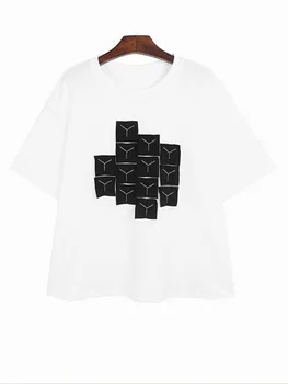 Женская черная футболка большого размера с цветным блоком, Новая футболка с круглым вырезом и коротким рукавом, Свободная мода Tide Весна-лето O227