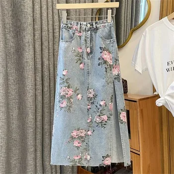 Женская юбка, летняя джинсовая юбка с цветочным принтом, сумка-трапеция с высокой талией, юбка на бедрах, Свободная юбка средней длины большого размера, новинка 2023 года