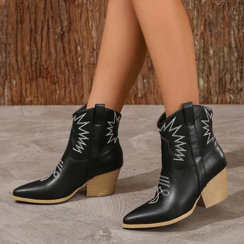 Женские зимние ботинки в стиле вестерн в стиле ретро 2023, женские осенние ботинки с вышивкой из натуральной кожи, ковбойские сапоги