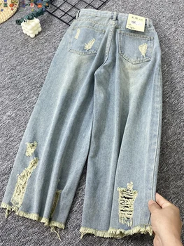 Женские мешковатые рваные джинсы, модные винтажные джинсовые брюки с высокой талией и широкими штанинами, уличная одежда, Корейские Прямые брюки Y2k, летние