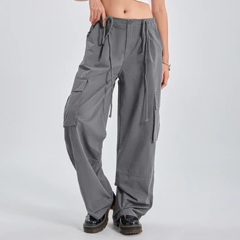 Женские свободные брюки-карго, однотонные, с завязками, на молнии и пуговицах, Длинные брюки с карманами, уличная одежда в стиле гранж-панк
