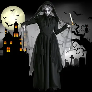 Женский костюм невесты на Хэллоуин, косплей ведьмы, черные костюмы, платье, страшный костюм на Хэллоуин для женщин, 3 шт.