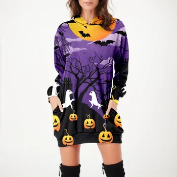 Женский свободный свитер с капюшоном и карманами с длинным рукавом, топы с принтом на Хэллоуин, женский топ moletom