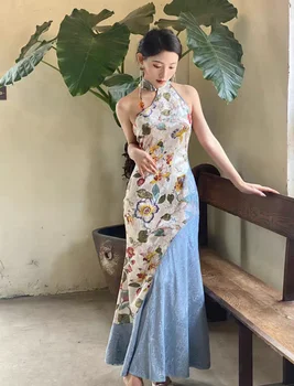Женское летнее платье в стиле пэчворк с масляной росписью, без рукавов, с висячим вырезом, Улучшенный Чонсам в китайском стиле.