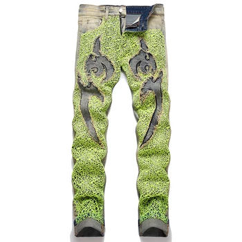 Зеленые мужские джинсы с паутиной, приталенные прямые джинсовые брюки с вышивкой, Весна-осень, ретро-синяя потертая уличная одежда