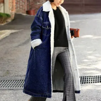 Зимняя длинная джинсовая куртка, женские зимние флисовые джинсовые куртки, толстые теплые парки, пальто, верхняя одежда, уличная одежда, однобортная ветровка
