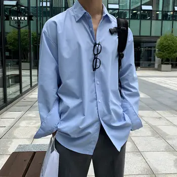 Зрелая Продвинутая Свободная рубашка с длинными рукавами, мужские Повседневные дышащие топы с лацканами в стиле Харадзюку, Мужская Корейская мода, Однотонная Тонкая рубашка, Лето