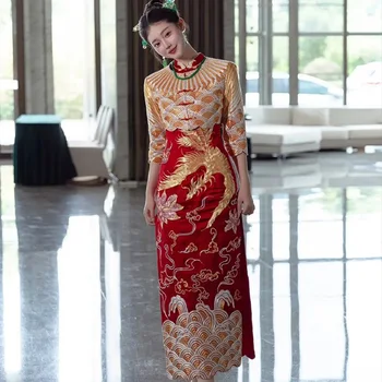 Китайское Трендовое Свадебное платье Красное Золото Ретро Тост Невесты Праздничная одежда Официальная церемония Винтажное платье Cheongsam Phoenix со средним рукавом