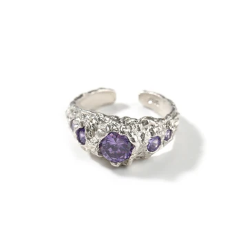 Кольца на палец из стерлингового серебра S925 с нерегулярной текстурой лавы для женщин и мужчин, регулируемый размер, Фиолетовое Обручальное кольцо с фианитами, ювелирные изделия-шармы