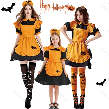 Косплей-платье ведьмы с метлой вампира для взрослых женщин и девочки-девочки, дьявольская летучая мышь, оранжевая тыква, наряд горничной, униформа для Хэллоуина