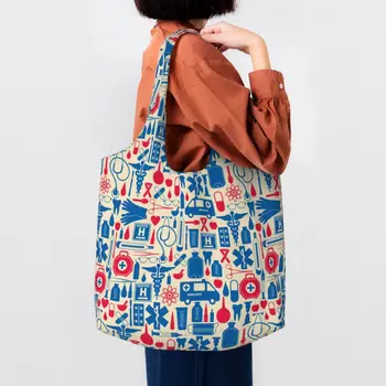 Красочные элементы медсестры Холщовая сумка для покупок Женская Многоразовая Большая вместительная продуктовая сумка для медицинских сестер Сумки для покупок Сумки