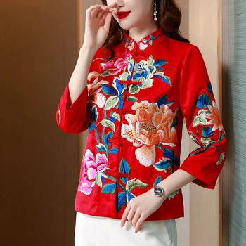 Куртка с цветочной вышивкой в китайском стиле, женский весенний костюм Tang с воротником-стойкой и пряжкой в стиле ретро, женская элегантная винтажная верхняя одежда, новинка