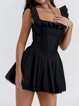 Летнее женское черное плиссированное платье с кружевным краем на талии, сексуальное платье трапециевидной формы