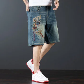 Летние джинсовые шорты с разрезом с вышивкой, мужские свободные прямые брюки средней длины в тонком ковбойском стиле, большие размеры 42 44