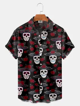 Летний узор на Хэллоуин, Приталенный цвет, Мужская деловая одежда Для мужчин, Повседневная гавайская рубашка с аниме