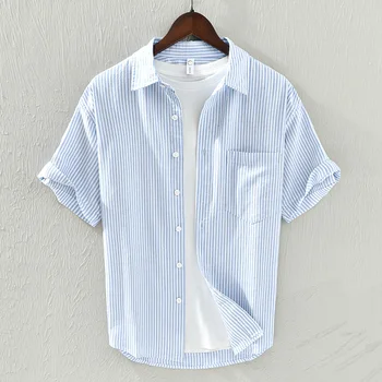 Летняя мужская повседневная рубашка в полоску из чистого хлопка, уличная одежда, простая универсальная красивая рубашка свободного покроя с короткими рукавами, художественная