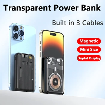 Магнитное беспроводное зарядное устройство Qi емкостью 20000 мАч Прозрачный Power Bank для iPhone 14 13 12 серии Mini Powerbank для Samsung Huawei Xiaomi