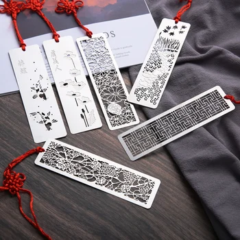 Металлические полые закладки в китайском стиле, креативный зажим для книги с красным узлом, Разметка страниц из нержавеющей стали, Каллиграфическая живопись, подарок для детей