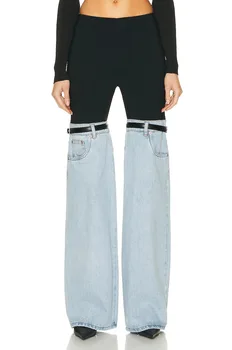 Модные женские джинсы с высокой талией, прямые, в стиле пэчворк, с пряжкой, уличная одежда, джинсовые брюки, Джинсы со швами 2023, Весна-лето, Широкие брюки