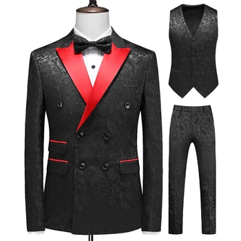 Модный Новый мужской деловой свадебный хост с темным принтом, комплект из 3 предметов/ Мужской Приталенный двубортный костюм, Блейзеры, куртка, брюки, жилет