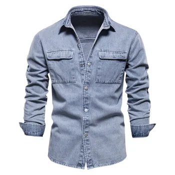 Мужская джинсовая рубашка Ранняя осень, тонкое пальто с двойными карманами на груди, Модный однобортный облегающий джинсовый топ, однотонная рубашка с длинным рукавом