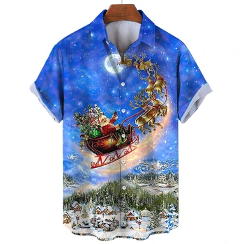 Мужские рубашки 2024 Рождественская рубашка с короткими рукавами Повседневная модная рубашка для мужчин Летняя Гавайская рубашка Праздничная Мужская одежда Топы
