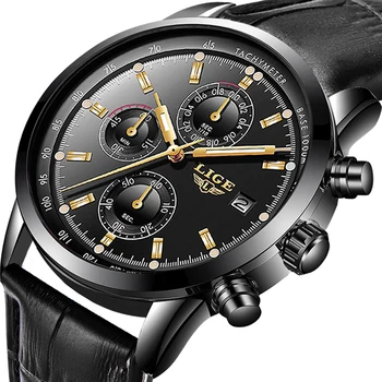 Мужские часы с хронографом LIGE Fashion, повседневные спортивные часы для мужчин, черные Роскошные кожаные наручные часы в стиле милитари, мужские часы