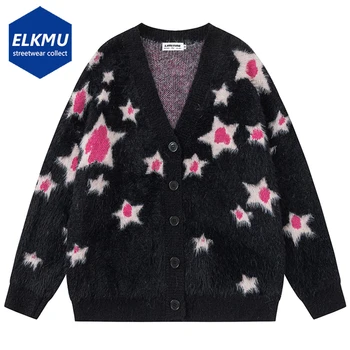 Мужской винтажный свитер со звездами, вязаный кардиган 2023, осенне-зимний свободный свитер Y2K Harajuku, свитер оверсайз в стиле хип-хоп, уличная одежда, черный