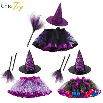 Набор аксессуаров для костюма ведьмы на Хэллоуин, 3 шт., юбка-пачка для девочек со шляпой ведьмы, метла ведьмы, Карнавальная вечеринка
